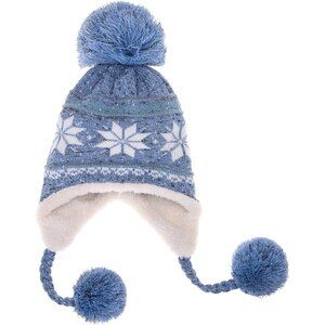 Women Sky Blue Pompom Long Ear Straps Beanie Warm Fleece Lined Ski Hats Cap
